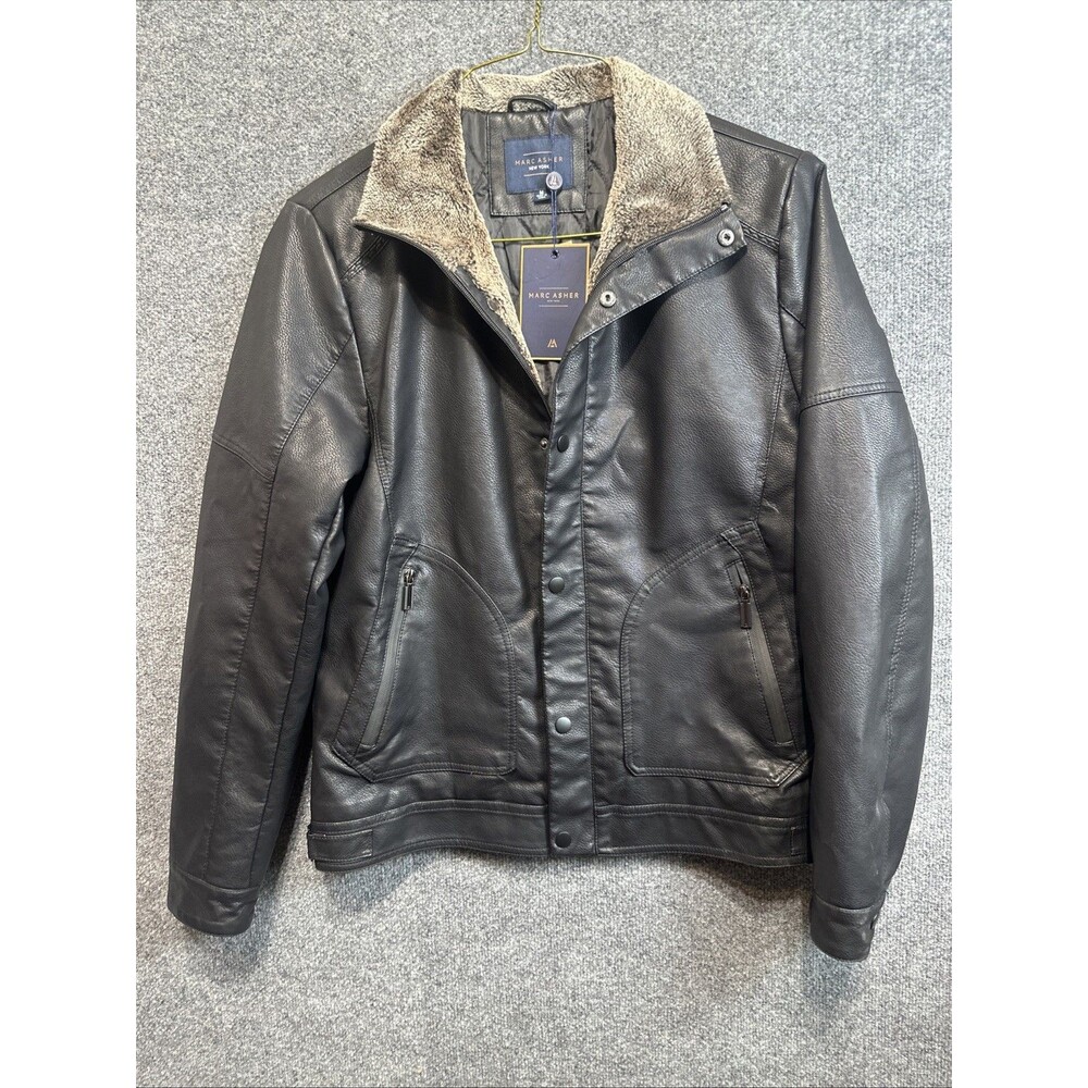 Marc Asher Men's Bomber Jacket | Faux Leather Sleeves | Black Medium